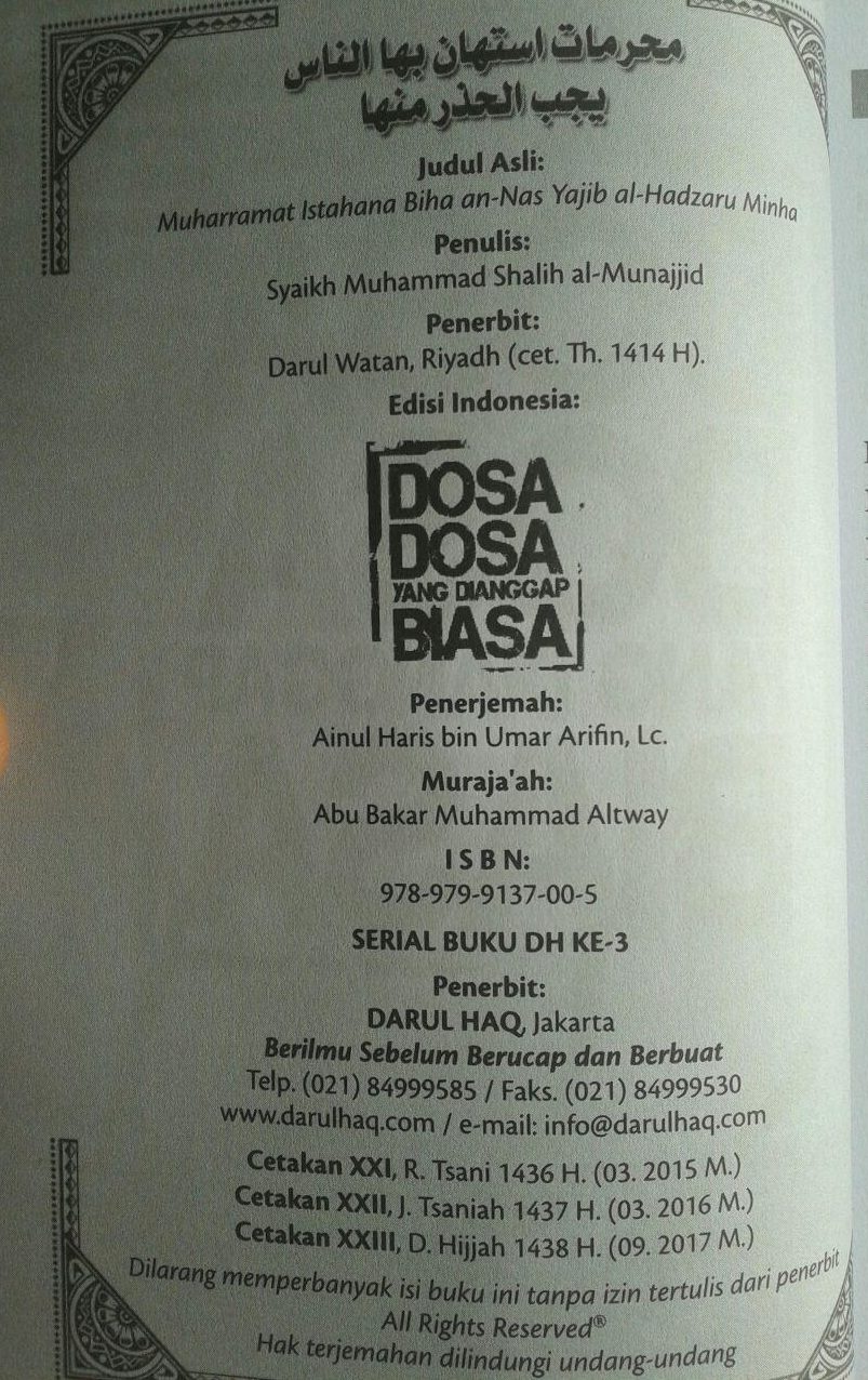 Buku Dosa-Dosa Yang Di Anggap Biasa isi