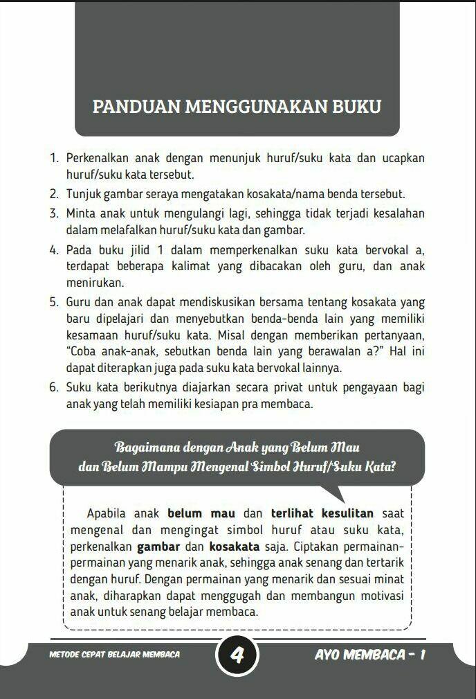 Buku Anak Ayo Membaca Metode Cepat Belajar Membaca Isi 1