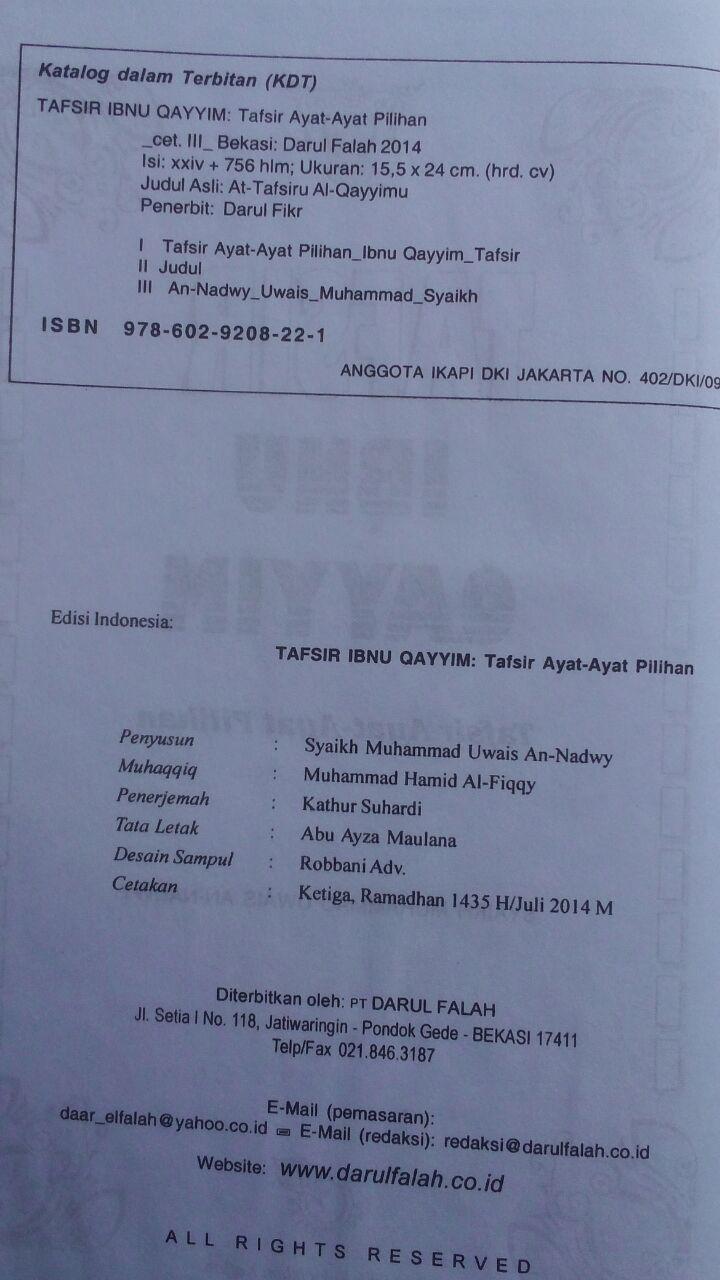 BK2788 Buku Tafsir Ibnu Qayyim Tafsir Ayat-Ayat Pilihan 120.000 20% 96.000 Darul Falah isi 4
