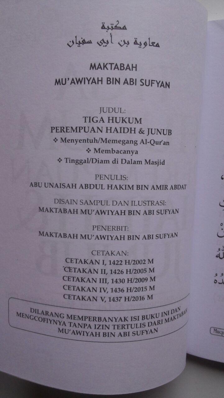 Buku Tiga Hukum Perempuan Haidh Dan Junub 17.500 15% 14.875 Maktabah Muawiyah Bin Abi Sufyan Abdul Hakim bin Amir Abdat isi