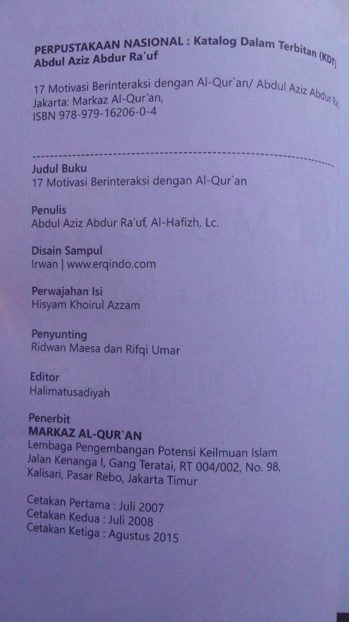 Buku 17 Motivasi Berinteraksi Dengan Al-Qur'an 45.000 15% 38.250 Markaz Al-Quran Abdul Aziz Abdur Rauf isi