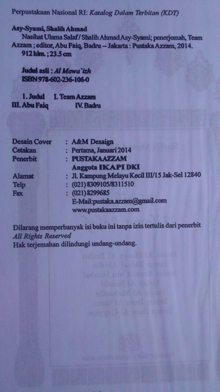 Buku Nasihat Ulama Salaf 207.000 20% 165.600 Pustaka Azzam Shalih Ahmad Asy-Syami isi