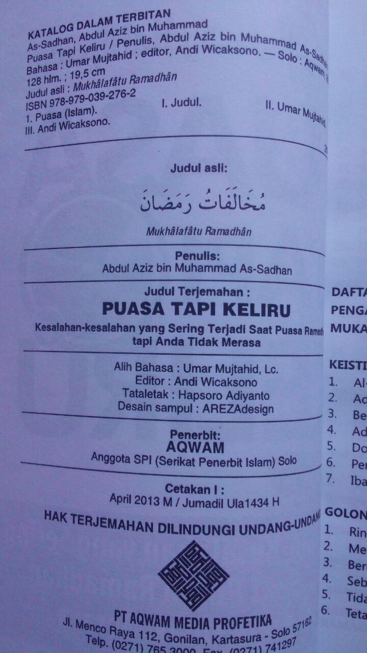 Buku Puasa Tapi Keliru Kesalahan Yang Sering Terjadi 25.000 15% 21.250 Aqwam Abdul Aziz As-Sadhan isi