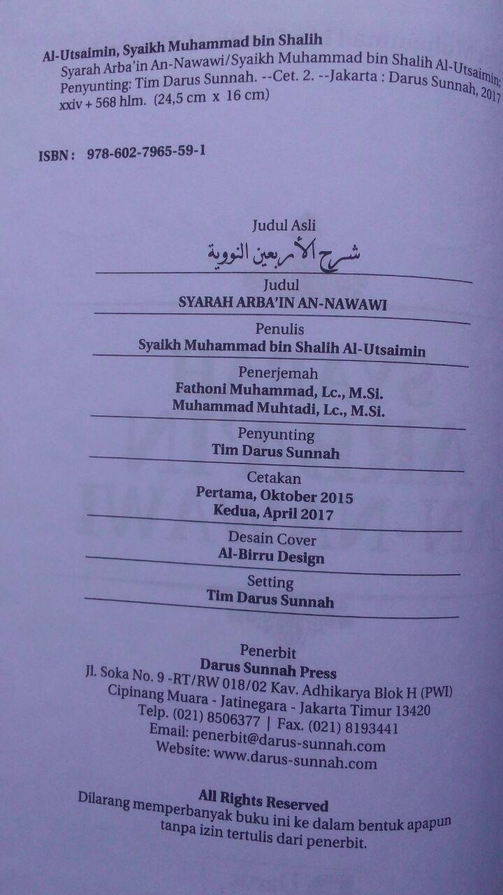 Buku Syarah Arbain An-Nawawi Penjelasan Hadits Pokok 90.000 20% 72.000 Darus Sunnah Muhammad bin Shalih Al-Utsaimin isi