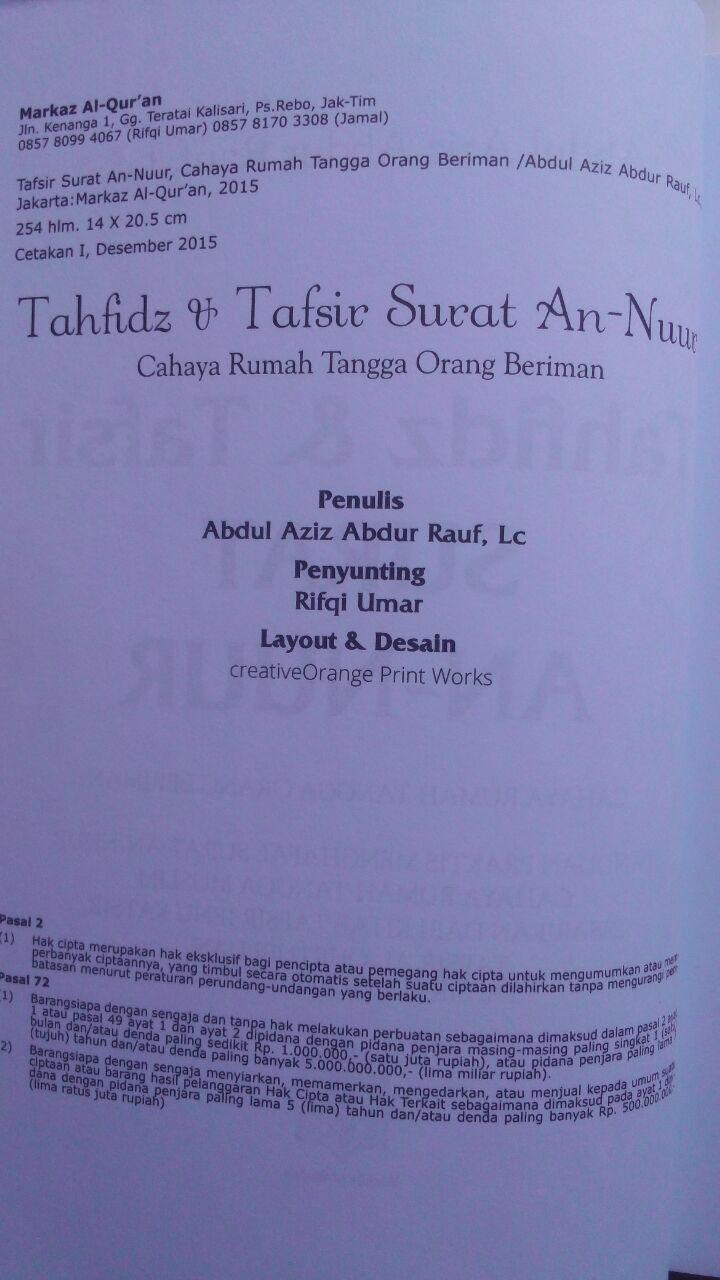 Buku Tahfidz Dan Tafsir Surat An-Nuur Cahaya Rumah Tangga 50.000 20% 40.000 Markaz Al-Quran Abdul Aziz Abdur Rauf isi