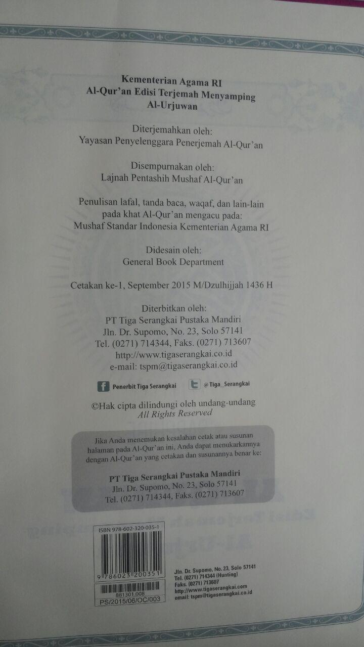 Al-Qur'an Edisi Terjemah Menyamping Al-Urjuwan B5 132,000 15% 112,200 Sapphire isi