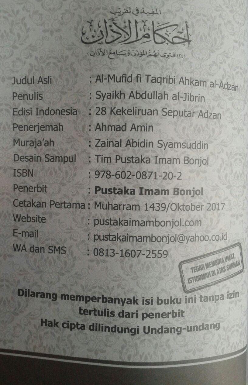 Buku 28 Kekeliruan Seputar Adzan Hukum Dan Etika Adzan isi