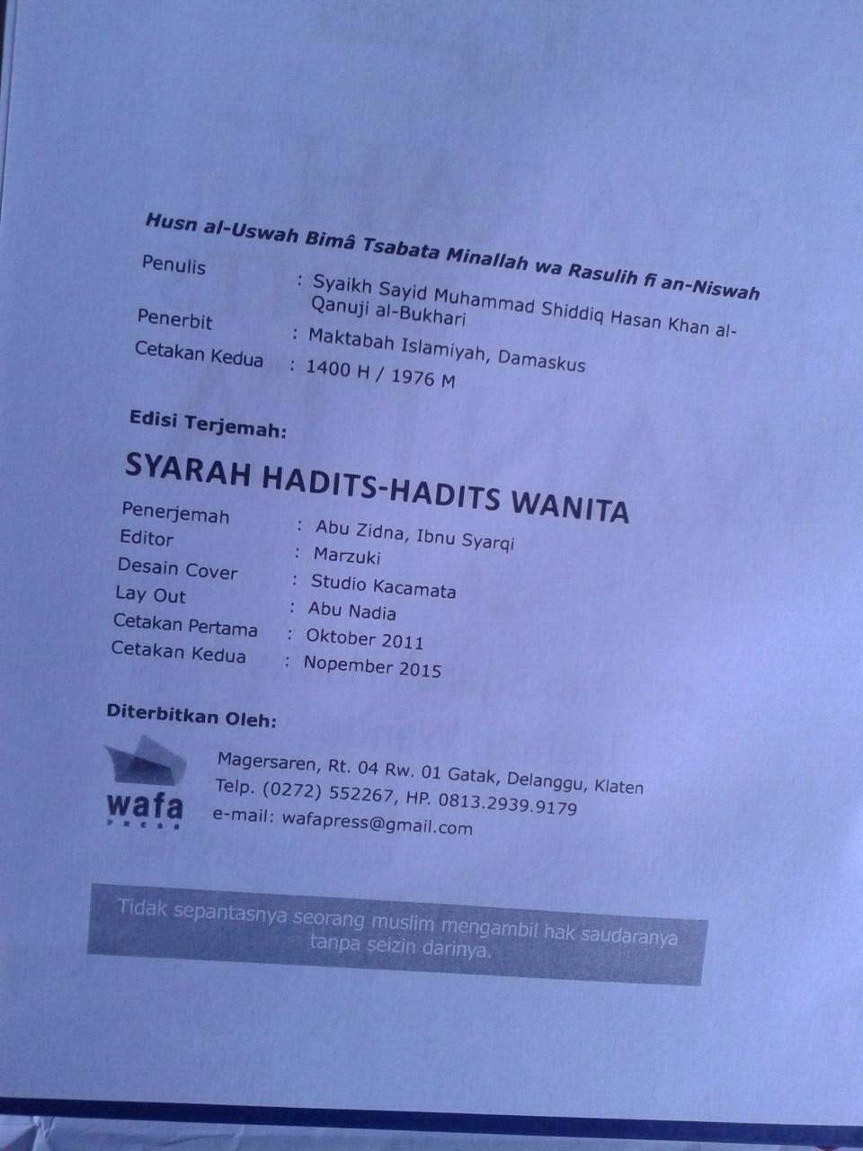 Buku Husnul Uswah Syarah Hadits-Hadits Wanita isi 4